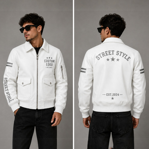 Blouson bomber en cuir blanc personnalisé avec poches zippées, style streetwear et détails graphiques premium pour un confort unisexe, par SHY - Product Image 5
