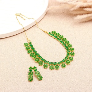 Handmade Flower Hanging Necklace Set | Emerald Green 22K Gold Plated Jewelry for Women Bridal Jewelry At Factory Price - Product Image 1