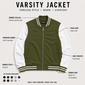 <b>Men's</b> Green Varsity <b>Jacket</b> With <b>White</b> Sleeves Zipper Closure Casual Fleece Outerwear Autumn Wear - Product Image 6