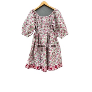 Hermoso Vestido corto de algodón con estampado de bloques indios, ropa de fiesta de calidad, decoración de botones, Plus 6XL, dulce para bodas, Natural - Product Image 1