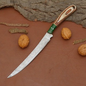 Cuchillo de Filetear de Acero de Damasco Forjado a Mano Personalizado |   Cuchillo de Caza con Mango de Madera Personalizado con Pernos de Latón y Funda de Cuero - Product Image 3