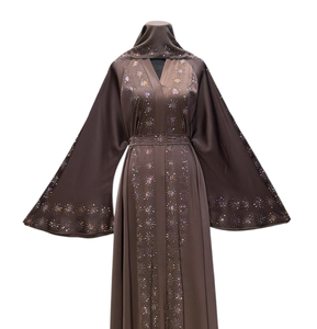 Summer Sale Modest Dubai Beaded Sequined <b>Long</b> Sleeve Abaya Muslim Traditional Handmade Wedding Women Polyester Breathable V Neck - Product Image 1