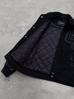 Veste de baseball en laine noire personnalisée pour hommes, manches en cuir texturé 3D, veste Letterman, broderie chenille, fabrication OEM
