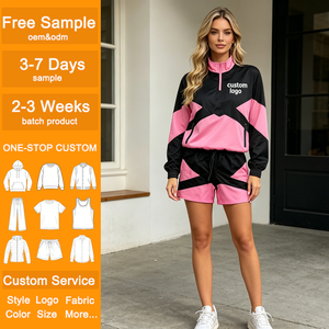 Conjunto Deportivo de 2 Piezas Color Block Negro y Rosa, Chaqueta Cortavientos con Media Cremallera y Pantalones Cortos, Corte Regular, Transpirable, Ropa Deportiva, Logotipo Personalizado - Product Image 1