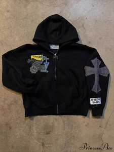 เสื้อฮู้ดดี้สไตล์วินเทจแบบซิป  ผ้าฝ้าย 100% ทรงหลวม  ตกแต่งลายปะติดแบบดิสเทรส  ฟอกสีแบบแอซิดวอช  ราคาโรงงาน  สำหรับผู้ชาย - Product Image 2