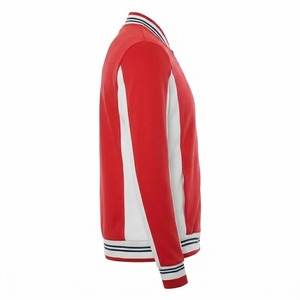 Chaqueta Bomber Deportiva para Hombre, Estilo Universitario, Bloques de Color Rojo y Blanco, Cierre Completo, Logotipo Personalizado, Cuello y Puños Acanalados a Rayas - Product Image 3
