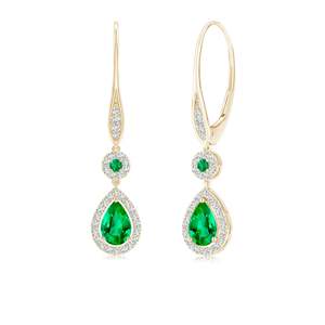 14kt Rose Gold Pear Emerald Halo Drop Dangle <b>Earrings</b> With Diamond Accents Women's Wedding Jewelry - Product Image 3