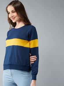 Sweat-shirt à col rond pour femme, bleu marine et jaune, à blocs de couleur, manches longues, tricoté, décontracté, respirant, pour l'automne - Product Image 5