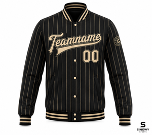 SINEWY <b>SPORTS</b> Men's <b>Black</b> Pinstripe Varsity <b>Jacket</b> Custom Name Number Breathable Sporty Stand Collar Winter Wear Embroidery 100% - Product Image 2