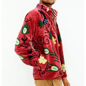 Red Velvet Knitted Cotton Fleece Jacket with Hand Embroidered Floral Pattern Full Sleeve Mandarin Collar Open <b>Stitch</b> Winter Wear - Product Image 4