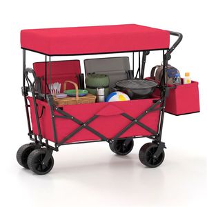 Carrello Pieghevole Rosso con Manico Regolabile, Ruote Antiforatura e Tasche Laterali Rimovibili per Campeggio e Attività all'Aperto - Product Image 2