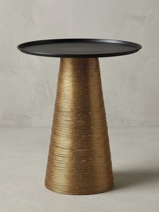 Modern <b>Round</b> Coffee <b>Table</b> With Rattan Base And Metal Top 40 Cm Diameter Minimalist Living Room Furniture - Product Image 3