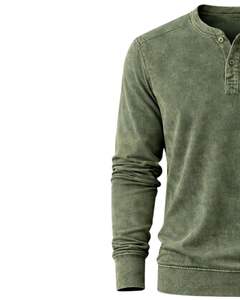 Sudadera Henley de Manga Larga para Hombre, Personalizada, con Lavado Ácido, Verde, Estilo Casual con Botones y Bolsillos, para Invierno, de Algodón, Corte Ajustado - Product Image 3