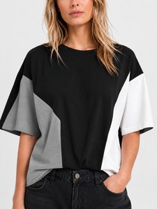 Camiseta Oversize para Mujer, Corte Holgado Informal, Manga Corta, Básica, Transpirable, Diseño Liso, para Uso Diario en Verano - Product Image 1