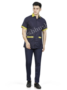 เสื้อเชิ้ตยูนิฟอร์มทำงานสีน้ำเงินกรมท่าสำหรับผู้ชาย แต่งขอบสีเหลือง ผ้าฝ้ายระบายอากาศได้ดี แขนสั้น เสื้อผ้าแฟชั่นสำหรับทำงาน - Product Image 2