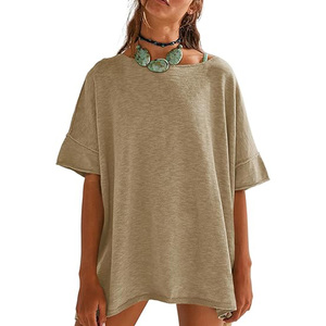 T-shirt unisexe surdimensionné à col rond, manches courtes, couleur unie, tricoté, coupe ample, écologique, 180g, rose, toutes saisons, vêtements décontractés, 100% coton - Product Image 4