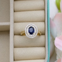 Anillo de Compromiso de Oro Amarillo de 14K con Zafiro Azul Ovalado y Doble Halo de Diamantes, Joyería Fina de Lujo, Gema Auténtica