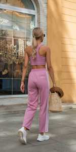 Women's Pink Solid Color Tracksuit Set <b>Sleeveless</b> Crop <b>Top</b> Elastic Waist Joggers Casual Sporty Full Length Pants <b>White</b> Stripes - Product Image 3