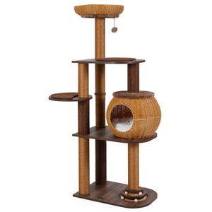Torre per Gatti a Più Livelli da 150 cm in Rattan Intrecciato con Cuccia e Postazione Superiore, Tiragraffi per Gatti - Product Image 1