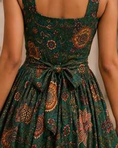 Robe longue bohème sans manches à imprimé floral vert, coupe trapèze, 100 % coton tissé, taille naturelle, idéale pour l'été et le quotidien (ODM) - Product Image 5