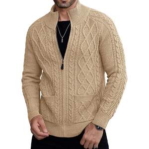 2025 hommes Slim Fit câble tricoté pull avec poches fermeture éclair complète col montant bouton décoration évider ODM approvisionnement - Product Image 5