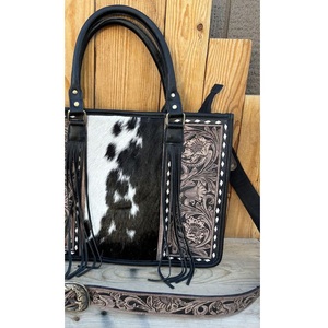Sac fourre-tout vintage en cuir de vachette avec motifs floraux et gravures western, fermeture éclair, grande capacité, pour usage quotidien - Product Image 2