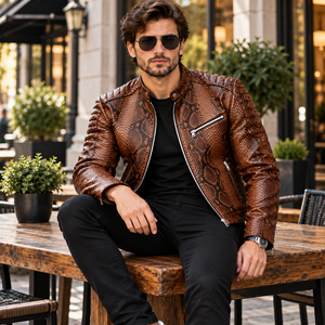 Veste de motard en cuir de serpent marron pour homme |   Veste en cuir véritable à fermeture éclair avec détails embossés et doublure respirante | - Product Image 3