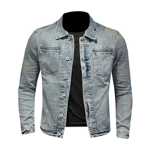 Men's Vintage Casual Denim Jeans Jackets Winter Windproof Stand Collar Front Logo with <b>Covered</b> <b>Button</b> Closure Washed Light - Product Image 4