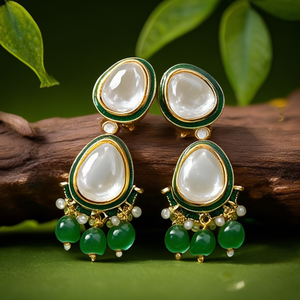 Alka Green Kundan Polki Fashion Drop Earrings - Product Image 3