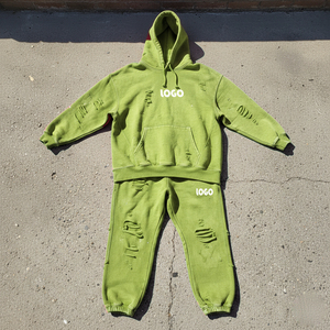 Custom High Quality Blank Distressed Hoodie and Jogger Short Set Designer Cotton Unisex Sweatsuit Casual Baggy <b>Tracksuit</b> for Men - Product Image 6