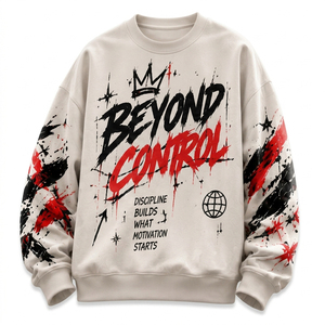 Sudadera Oversize Crema con Estampado de Grafiti Rojo y Negro Intenso, Estilo Urbano Personalizado, Cuello Redondo para Marcas de Moda, para Hombre, al por Mayor - Product Image 1