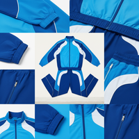 Conjunto Deportivo Unisex Azul con Bloques de Color, Chaqueta con Cierre y Cuello Alto, Estilo Deportivo, Transpirable, de Poliéster, para Adultos, Otoño
