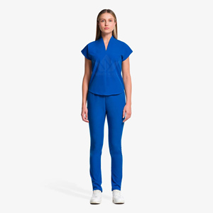 Women's <b>Blue</b> V Neck <b>Scrub</b> Set Short Sleeve Top Straight Leg Pants Polyester Woven Medical Nursing Hospital Uniform Needle - Product Image 1
