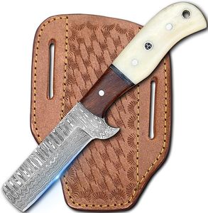 Couteaux de cowboy de qualité industrielle OEM à prix abordable avec étui en cuir - Couteau de boucher Damas fait main de 8 pouces - Lame fixe EDC - Product Image 1