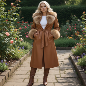 Abrigo de Cuero Largo para Mujer con Diseño de Cinturón, Cuello de Piel de Zorro y Forro de Seda, Venta al por Mayor, Abrigo de Cuero Personalizado para Mujer - Product Image 3