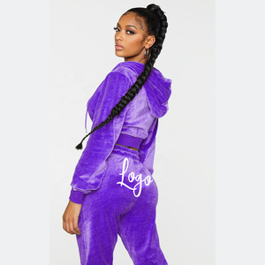 Ensemble de survêtement en velours de coton de haute qualité 2 pièces avec manches bouffantes, logo personnalisé, sweats à capuche à double fermeture éclair et joggers pour femmes Club - Product Image 5