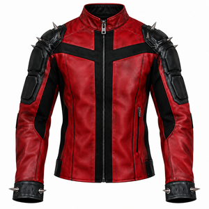 Chaqueta Bomber de Cuero Genuino Roja y Negra para Hombre, Cuello Alto, con Tachuelas, Cierre de Cremallera, Ajustada, Transpirable, Ecológica, Informal, de Invierno - Product Image 1