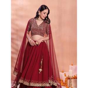 มารูนจีออร์แก็ตต์ประดับเลื่อมสีแดงเข้มที่น่ารักมีดีไซน์ lehenga choli กับ dupatta - Product Image 5