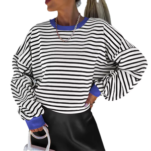 <b>Women's</b> Oversized Striped Lantern Sleeve Sweatshirt Crew Neck Knitted Cotton Bamboo Fiber Autumn Breathable Regular Length - Product Image 6