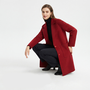 Red Wool Trench Coat Long Notched Lapel Double Button Solid Color Winter Women's Outerwear Minimalist Style Full Sleeve - Product Image 3