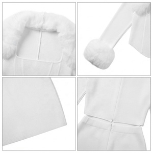 Women's <b>White</b> Knitted Two-<b>Piece</b> Set With Faux Fur Collar And Cuffs Winter Sexy Club Wear - Product Image 4