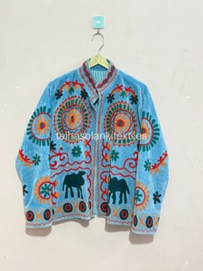 Hand Embroidered Uzbek Blue Cotton Jacket With <b>Animal</b> <b>Pattern</b> Mandarin Collar Spring Women's Prairie Chic Style - Product Image 4