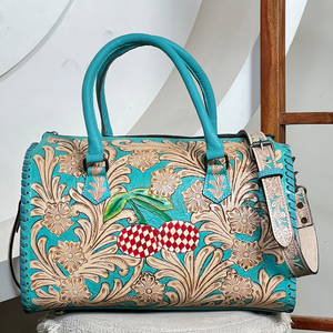 Nouveauté : Sacs de voyage et sacs de week-end Speedy en cuir véritable turquoise, grande capacité, à carreaux cerise, design artisanal - Product Image 2