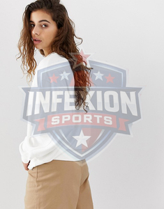 Sweat-shirt en tricot 100 % coton blanc à col rond et manches longues pour femme, couleur unie, respirant, décontracté - Product Image 3
