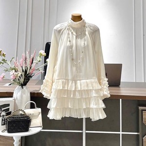 Robe élégante pour femmes, col haut, en mousseline de soie, à volants, à manches longues, mini-robe - Product Image 1