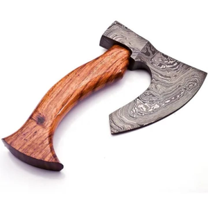 Hache viking en acier damas fait main sur mesure |   Hache à bois avec manche en bois gravé et fourreau en cuir, garantie 3 ans - Product Image 1