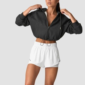 Custom Wholesale Womens Cropped 1/<b>4</b> Zip Tracksuit Set Activewear Pullover Hoodie & Shorts Blank Fitness Set - Product Image 2