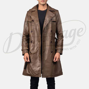 Abrigo de Cuero Genuino Marrón Personalizado para Hombre, Estilo Británico Clásico, Corte Entallado, Chaqueta de Invierno Larga con Doble Botonadura - Product Image 1