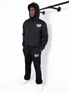 Ensemble de survêtement classique pour homme en molleton noir, style uni, épais, avec sweat à capuche zippé ou à enfiler et short de survêtement - Product Image 2