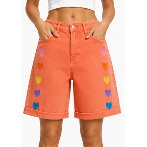 Short en jean pour femme, taille haute, coupe ample, ourlet retroussé, en coton, brodé motif cœur arc-en-ciel orange corail, style décontracté, mode estivale - Product Image 1